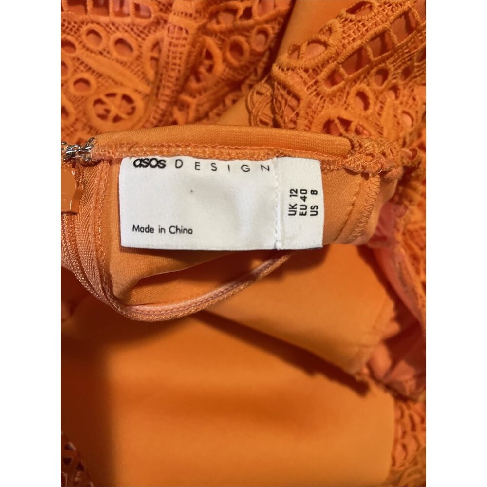 ASOS DESIGN Orange Puff Sleeve Broderie Midi Skater Dress Ruched Bodice NWOT - Picture 8 of 8
